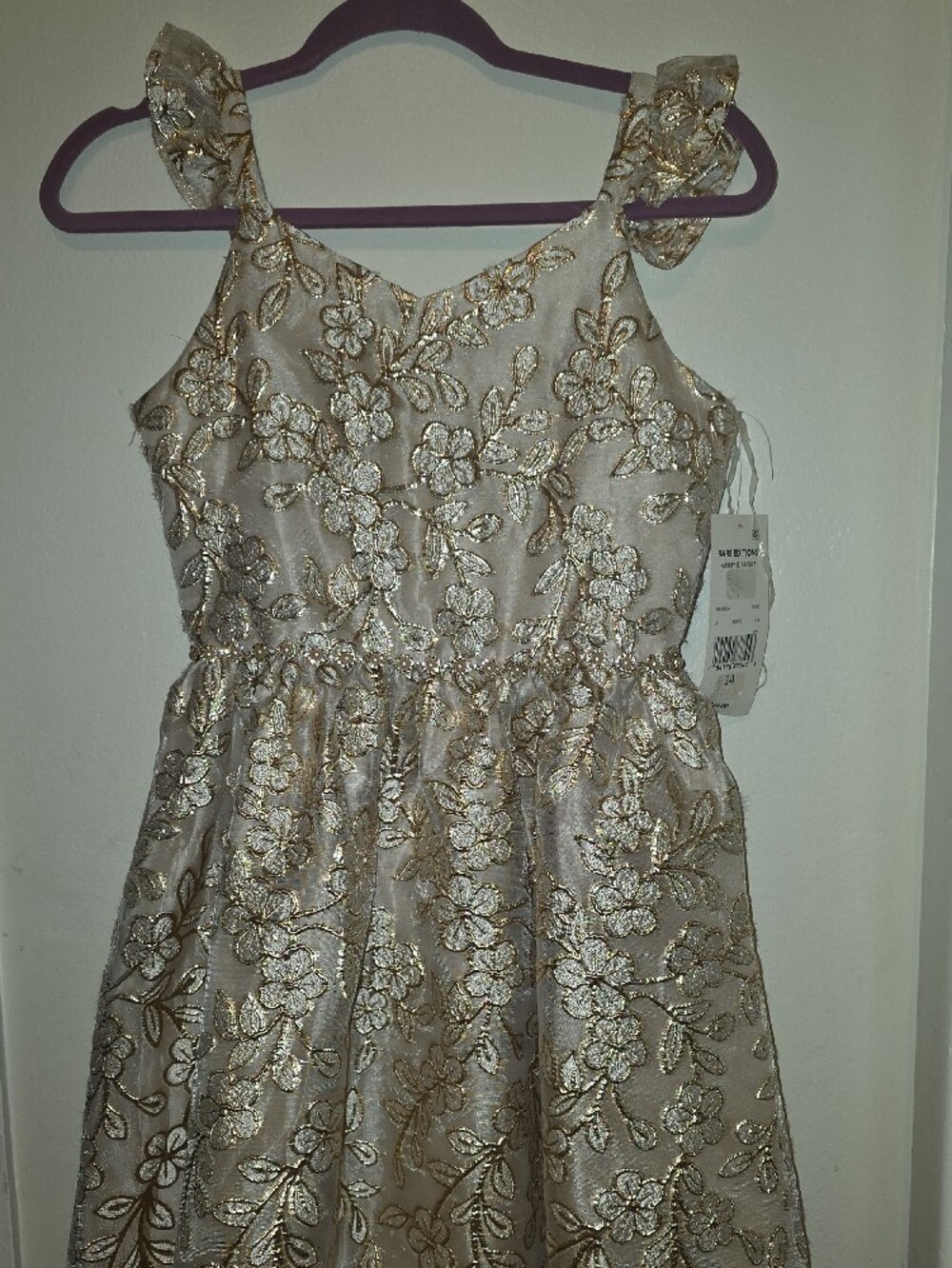 Rare Editions Gold Floral Embroidered Ivory Party Dress - Picture 2 of 7